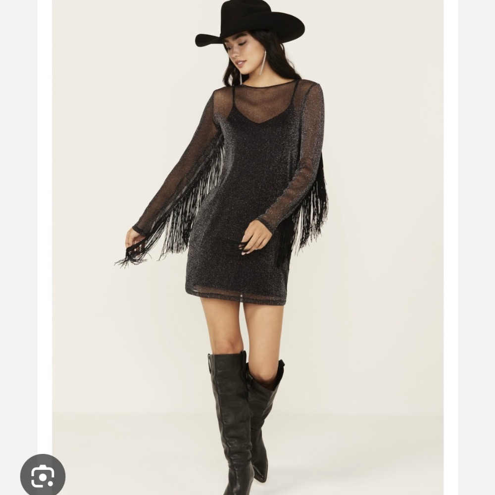 Idyllwind Women's Margaret Sparkly Mesh Fringe Long Sleeve Dress